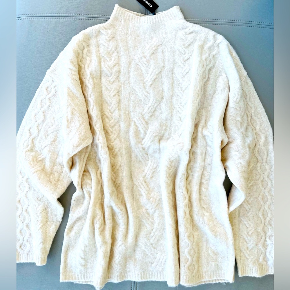 NWT! EXPRESS Mock Neck Cable Knit Fisherman Sweater in Pristine Winter White XL